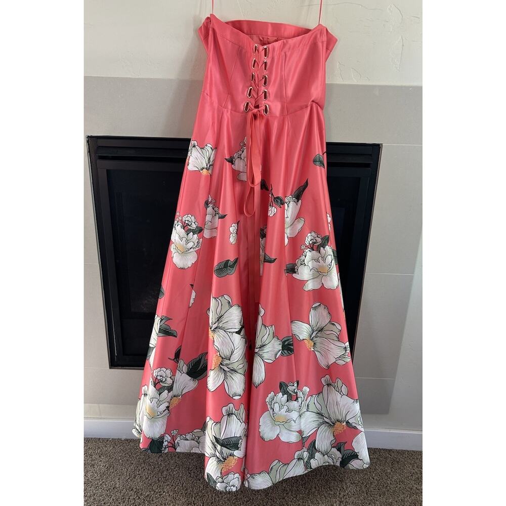 BHLDN Savannah Strapless Floral Satin A-Line Maxi Dress Womens 14 Pink Wedding - Picture 3 of 16